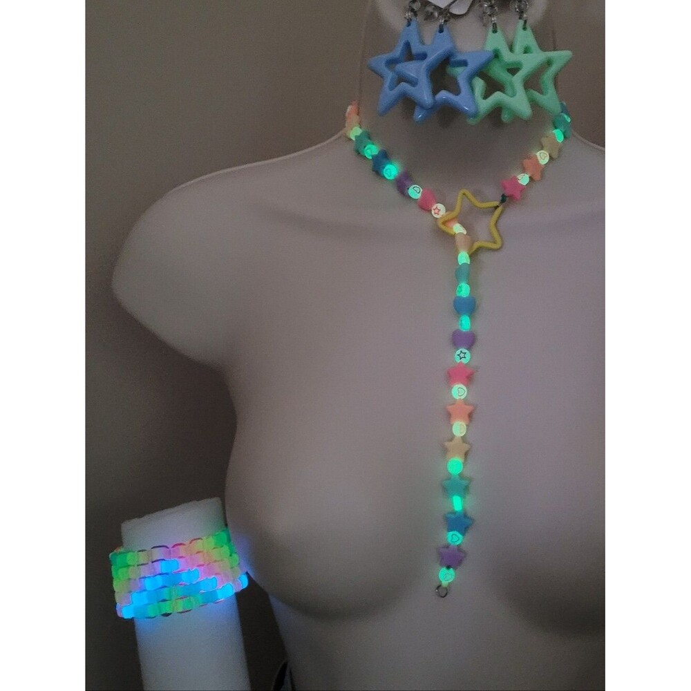 3pc rainbow glow Pastel Silicon lariat drop star Necklace - Picture 3 of 9